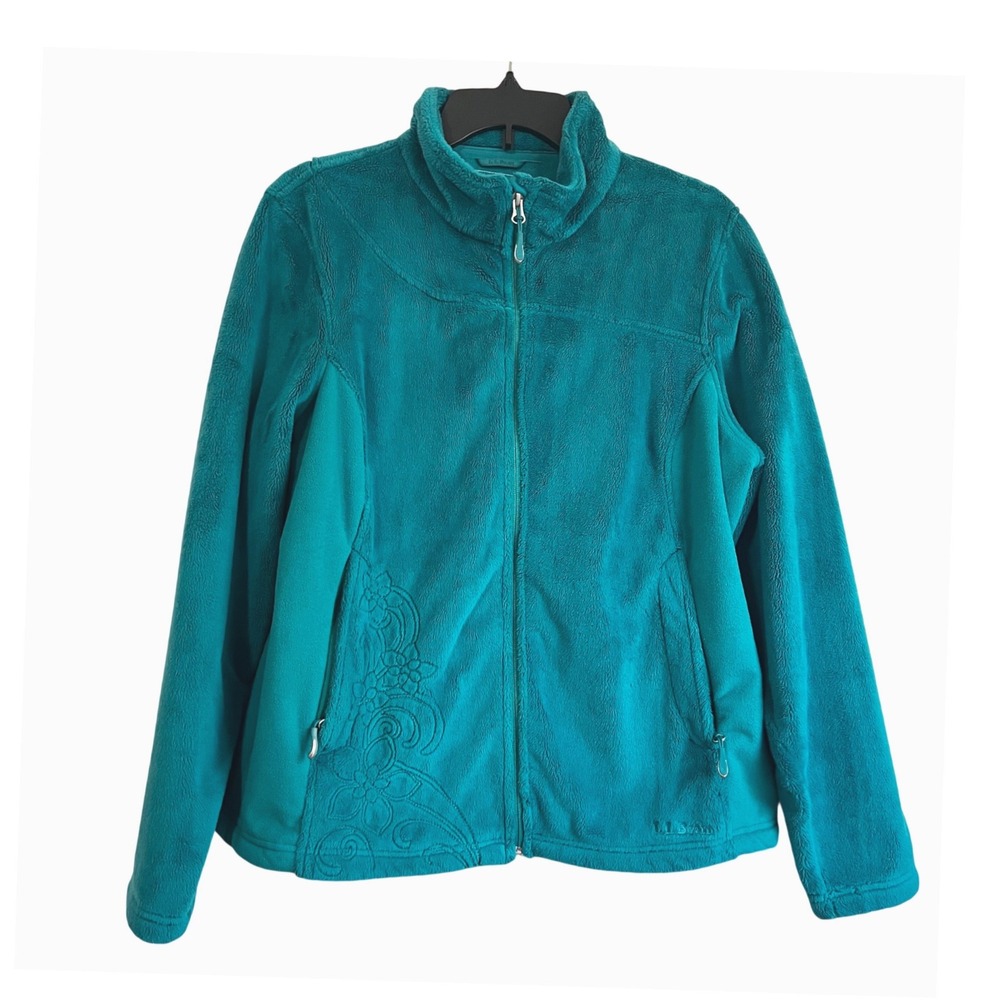 L.L Bean Women Large Teal Full Zip Plush High Loft Fleece Jacket Floral Embossed